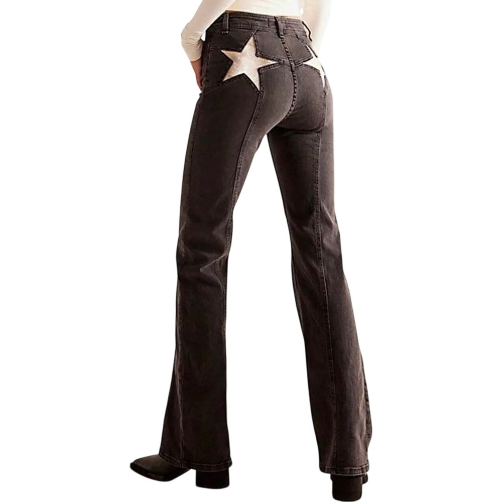 We The Free Black Silver Star Back Pocket Western Boho Flare Jeans Size 27